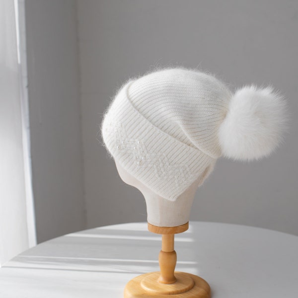 Pearl-Embellished Knit Beanie with Luxe Pom-Pom