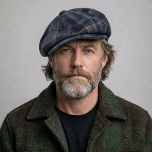 May include: A blue plaid newsboy cap with a button on top. The cap has a dark blue base with brown and tan plaid lines. The person in the image is wearing a green and brown plaid jacket and a black shirt.