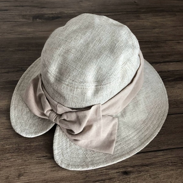 Linen Wide Brim Bucket Hat with Bow Tie, Foldable Summer Sun Hat and Beach Hat for Women