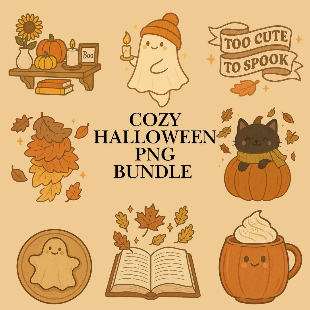 Cozy Halloween PNG Bundle | Cute Fall Clipart | Boho Ghosts & Autumn ...