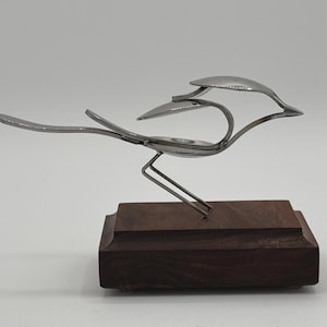 Spoon Bird Sculpture: Stainless Steel Nestling on Bocote Wood