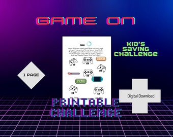Puede incluir: Desafío de juego imprimible para niños para ahorrar para un nuevo videojuego. El desafío incluye un mando de juego, un cartucho de juego y un botón de menú. El texto en la página dice "Kid's Saving Challenge" y "Printable Challenge".