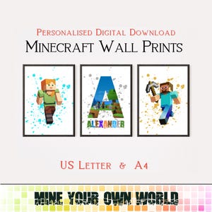 Individuell gestaltete Minecraft-Wandkunst - personalisiertes 3er-Set Drucke - Minecraft Poster, Spielzimmer Dekor, Pixel-Kunstdruck, Digitaldruck