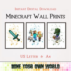 Arte de parede para impressão do Minecraft - conjunto de 3 impressões em 2 tamanhos - pôster do Minecraft, decoração, decoração de sala de jogos, impressão de pixel art
