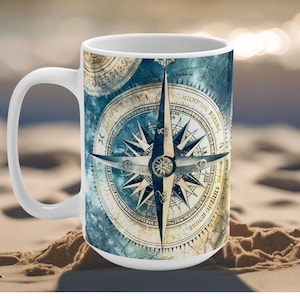 15 oz Nautical Compass Rose Mug, Ceramic Coffee Cup, Sea Lover Gift, Maritime Theme Kitchen Decor, Sailor Captain Present