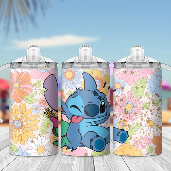 Stitch 12oz Kids Flip Top Sippy Cup Tumbler Wrap, 12oz Straight Tumbler Sublimation PNG, Childrens Cartoon Tumbler Wrap For Kids, Download