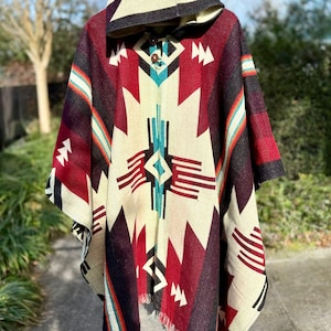 Alpaca Poncho, Ancestral Geometry, Made by Indigenous Artisan Hands, Soft and Warm, Includes Hood,  Unisex Style, Gift Ideas , Warm Clothing