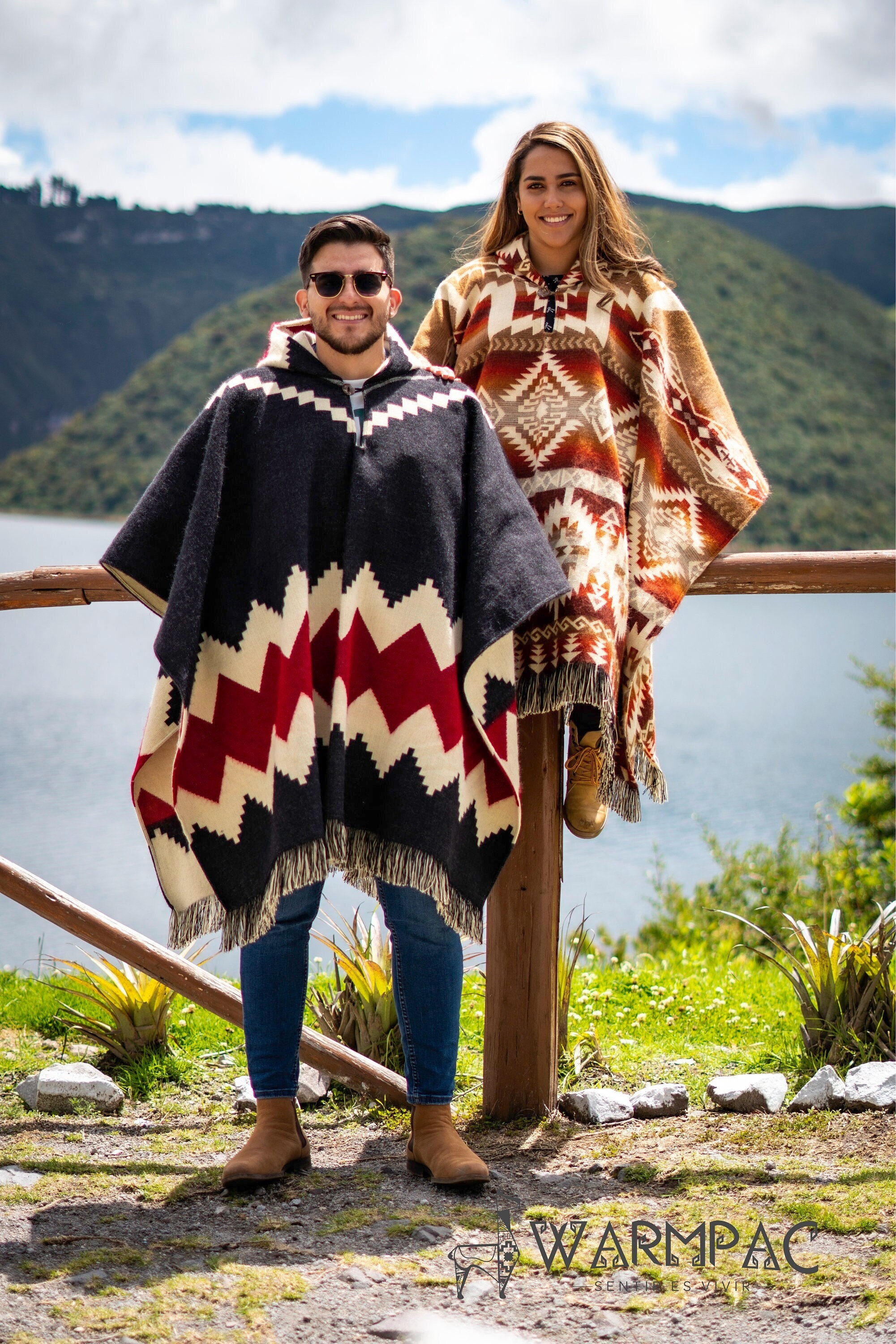 Artesanías Sudamérica Alpaca Wool/Blend Poncho: Hooded | Blue Geometric Color Pattern | Handmade in Ecuador.