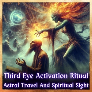 Puede incluir: Una ilustración mística que representa un ritual de activación del tercer ojo. Una mujer con cabello naranja fuego y un cuerpo verde toca la cabeza de un hombre con barba. La imagen incluye el texto "Third Eye Activation Ritual Astral Travel And Spiritual Sight".