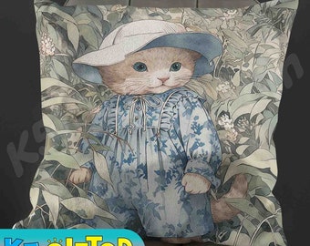 William Morris Beatrix Potter Cat Pillow, full pillow or case only, Spun Polyester or Faux Suede case, William Morris kids, reading pillow