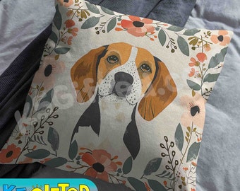 William Morris Beagle Pillow, full pillow or case only, Spun Polyester or Faux Suede case, Morris dog accent cushion, gift for Beagle lover