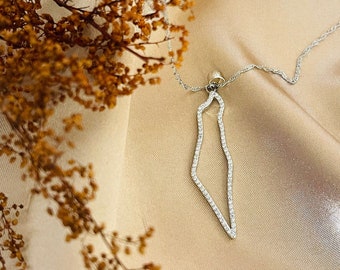 May include: A silver necklace with a pendant shaped like the outline of Israel. The pendant is covered in small, clear stones. The necklace is lying on a beige fabric background with dried brown flowers.