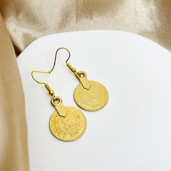 Ottoman Lira Plated Gold Earrings; Middle Eastern Dangle Earrings; Palestinian Coin Drop Earrings | حلق عثماني مطلي ذهب