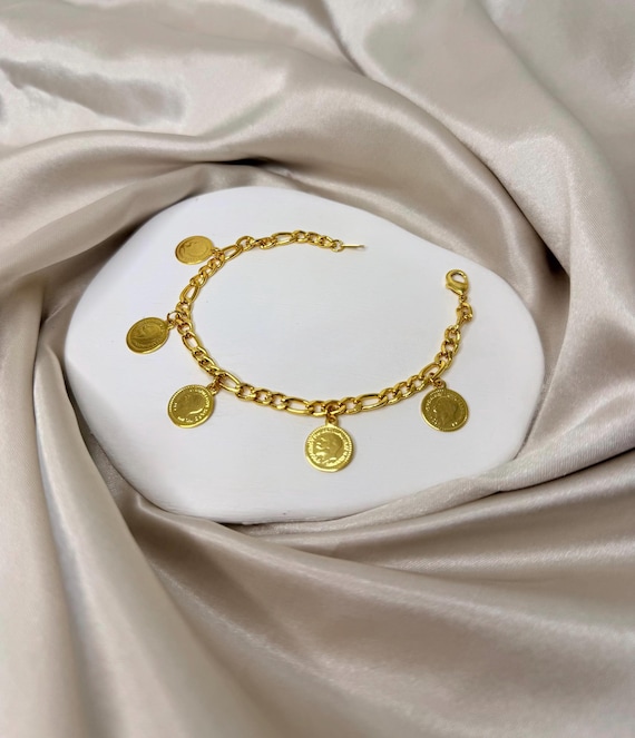 24K Gold Plated Chain Drop Lera Coin Bracelet; Middle Eastern Vintage Inspired Statement Jewelry | اسوارة ليرات مطلي ذهب، مطابق للذهب