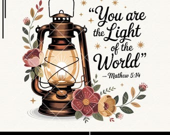 Pode incluir: Ilustração em estilo vintage com uma lanterna castanha com vidro, rodeada por elementos florais em tons de vermelho, rosa e bege. O texto "You are the Light of the World" é exibido, juntamente com o versículo bíblico Mateus 5:14.