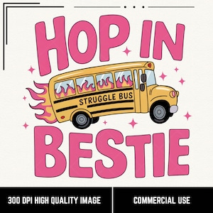 Strijdbus png, hop in bestie png, grappige angst png, ontwerp virale geestelijke gezondheid, trendy girly, schattig stickerontwerp strijdbus