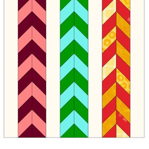 May include: A geometric design featuring three vertical columns with chevron patterns. The columns display alternating colors: pink and burgundy, green and light blue, and red and yellow. The background is a cream color.