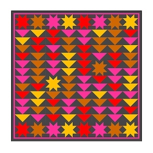 May include: A geometric pattern with a dark grey background, featuring red, orange, yellow, and pink triangles and stars. The pattern is framed by a pink border.