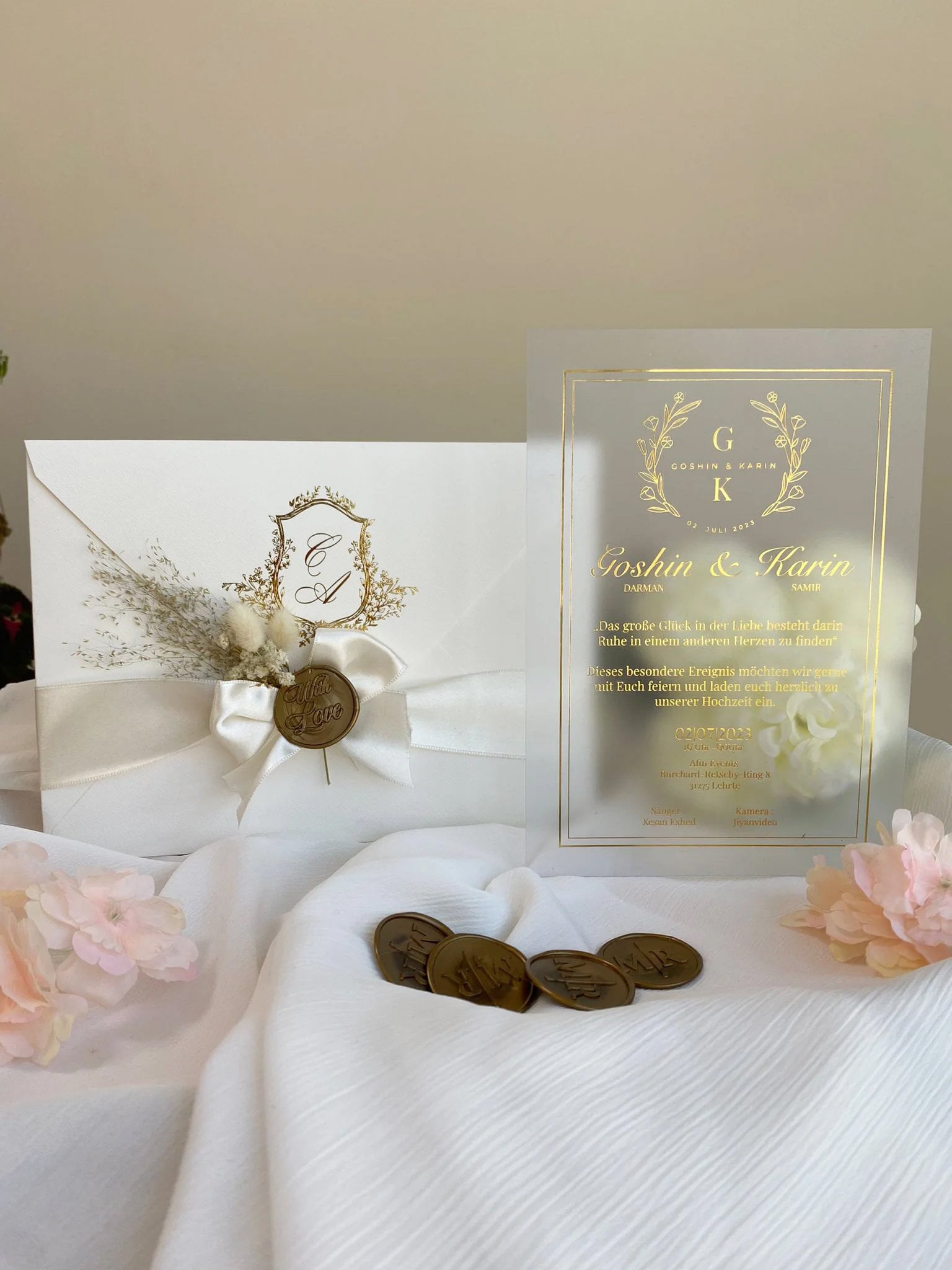 White & Gold Wedding Invitation – Acrylic Card, Dried Flowers, Ribbon Wrap, Wax Seal, Handmade Boho Touch