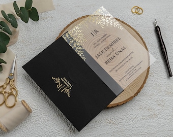 Código: 9214 Invitación de boda clásica Acrílico impreso negro con sobre negro