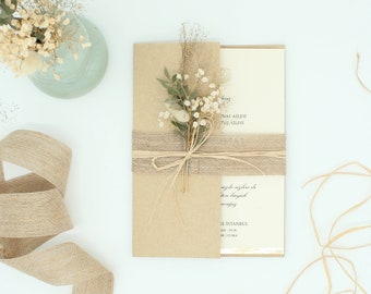 Rustic Wedding Invitation with Dried Flowers – Kraft Card, Brown Envelope, Jute Ribbon, Natural Boho Country Style