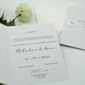 Faire-part de Mariage Minimaliste Pliable – Design Blanc, Enveloppe Crème, Sceau de Cire Blanc, Style Moderne Fait Main