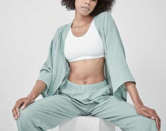 Lounge and Sleepwear set- Soft Cotton Kimono Top and Cropped Pants, cotton pajama set, Casual Yoga Pilates Outfit