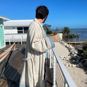 Peignoir zen unisexe - Robe de chambre écologique en lin et coton turc avec rayures, douce et absorbante - Vêtements de détente polyvalents