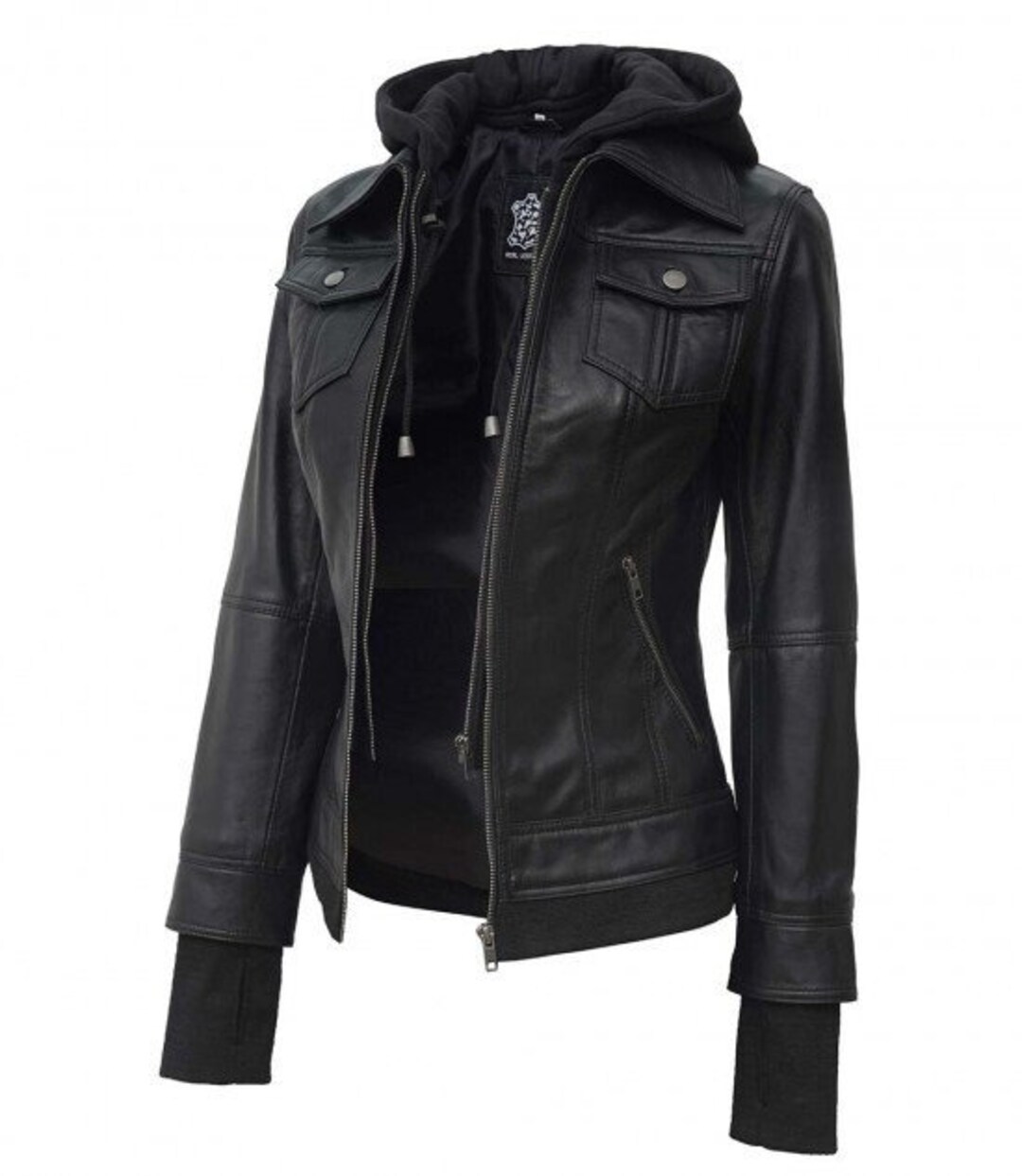 Tralee Black Bomber Women's Leather Jacket With Hood Etsy