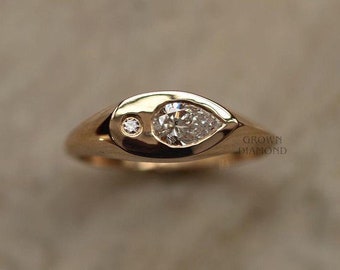 Hand made Solid Gold Moissanite Diamond Signet Ring / Tear Drop Diamond Gold Ring / 14K Yellow Signet Ring / Moissanite Pear Diamond Ring..