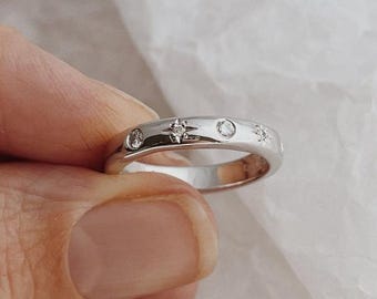 Gold Moissanite Celestial Wedding Band - Antique Style, Stars Engraved