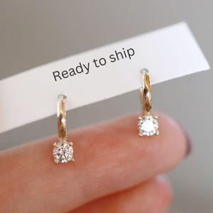 Round Brilliant Solitaire Huggie Hoop Earrings, 925 Sterling silver Hoop Earrings, Diamond earrings Gold Dainty Huggie, Mother's Day Gift