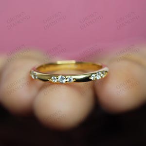 Round Cut Colorless Diamond Wedding Band Flush Set Eternity Band Matching Wedding Band Chunky Dainty Band Bridal Ring Set in 14k Yellow Gold