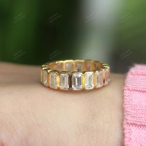 Emerald Cut Moissanite Bezel Set Wedding Ring Full Eternity Moissanite Band Gold Stacking Band Matching Bridal Band For Women 14k Solid Gold