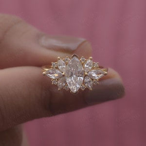 Vintage Marquise Shaped Moissanite Ring / Marquise Cut Diamond Engagement Ring / Marquise Cluster Ring / Unique Promise Rings / Unique Gift.