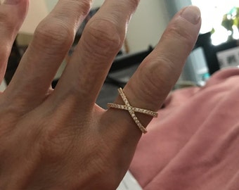 14K Solid Gold Moissanite X Ring, Pave Diamond CZ Criss Cross Ring