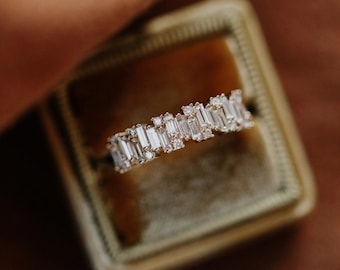 Half Eternity Round Cut Diamond Micro Pave Cocktail Ring / Staggered Baguette and Round Diamond Wide Band / 14K Gold Diamond Wedding Band...