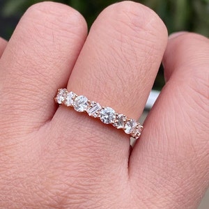 Gold Wedding band / Vintage Style Baguette and Round Moissanite Wedding Band / Full Eternity Band / Baguette Diamond Ring / Engagement Ring.