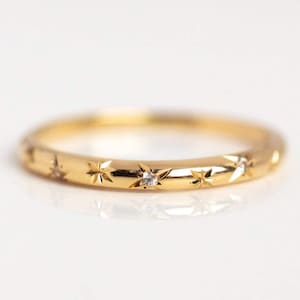 14K Gold Celestial Diamond Wedding Band, Starburst Engraved Ring