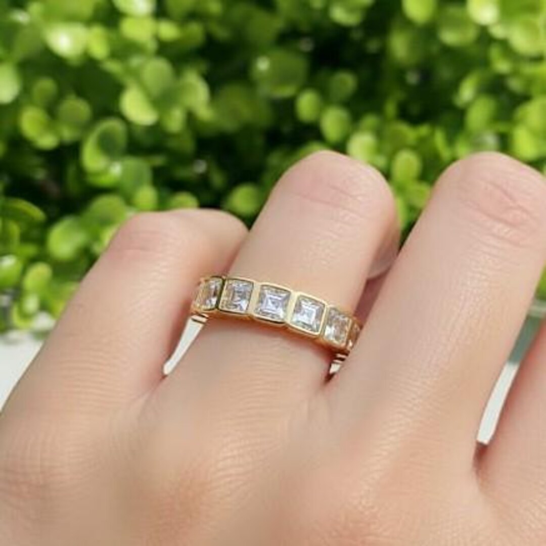 Asscher Cut Moissanite Eternity Band, 14k Yellow Gold Bezel Set Wedding ...
