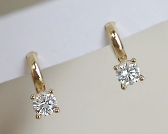 14K Gold Moissanite Solitaire Huggie Hoop Earrings