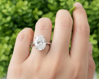 Anillo de compromiso de moissanita ovalada de 4,00 quilates, anillo de aniversario de oro blanco.