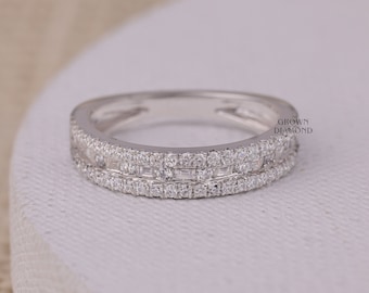 Baguette and Round Moissanite Diamond Band, 14K Gold, Half Eternity Baguette Cut wedding band, Diamond band for women&#39;s , Anniversary Ring