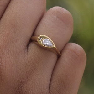 Handmade 10k Solid Gold Moissanite Diamond Signet Ring / Tear - Drop Diamond Gold Ring / 14k Gold Signet Ring / Moissanite Pear Diamond Ring