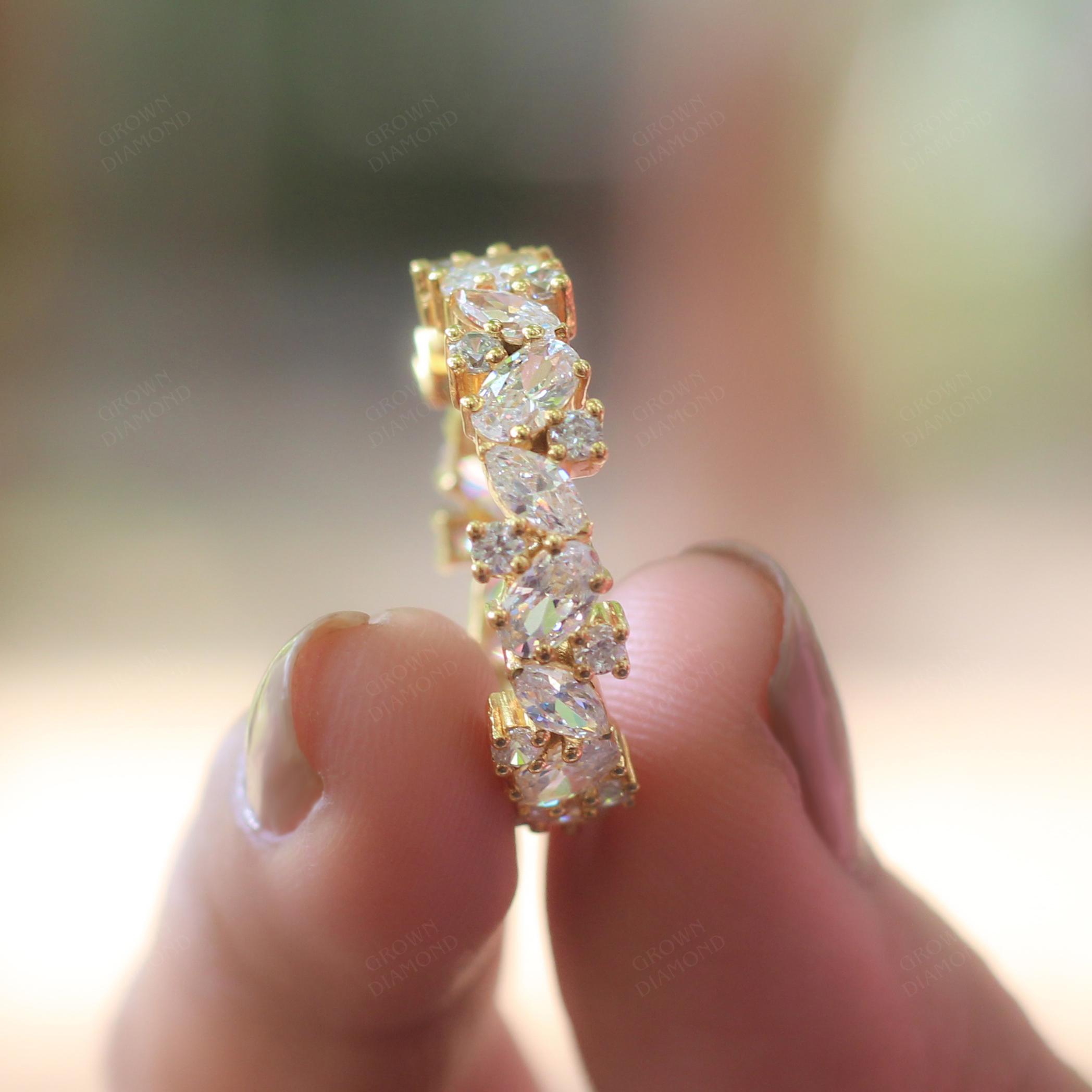 14K Gold Moissanite Oval, Marquise & Round Eternity Ring Full Band of Sparkling Moissanite with Vintage Inspired Bridal Band Promise Ring