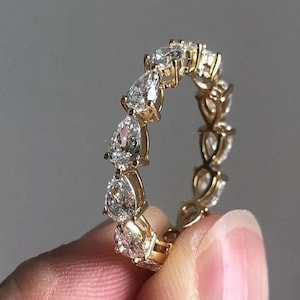 14K Solid Gold Diamond Band Anniversary Band Pear Shaped Moissanite Wedding Band East West Full Eternity Band Shared Prong Ring for women&#39;s