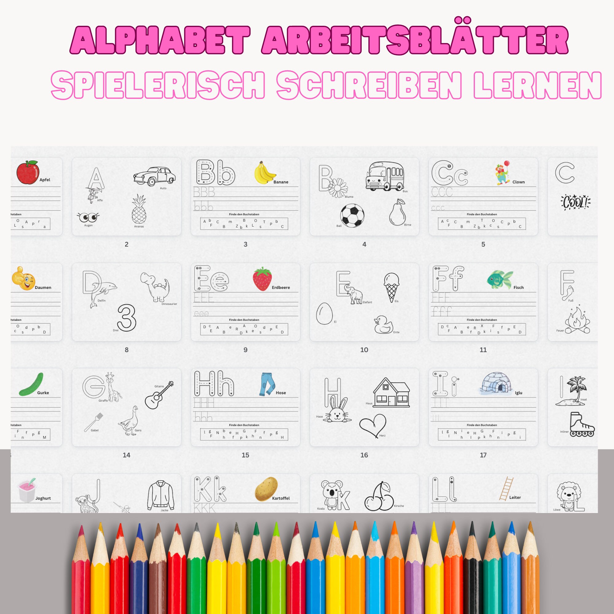  Alphabet Arbeitsblätter, Buchstaben schreiben lernen, Montessori, ABC Illustration 