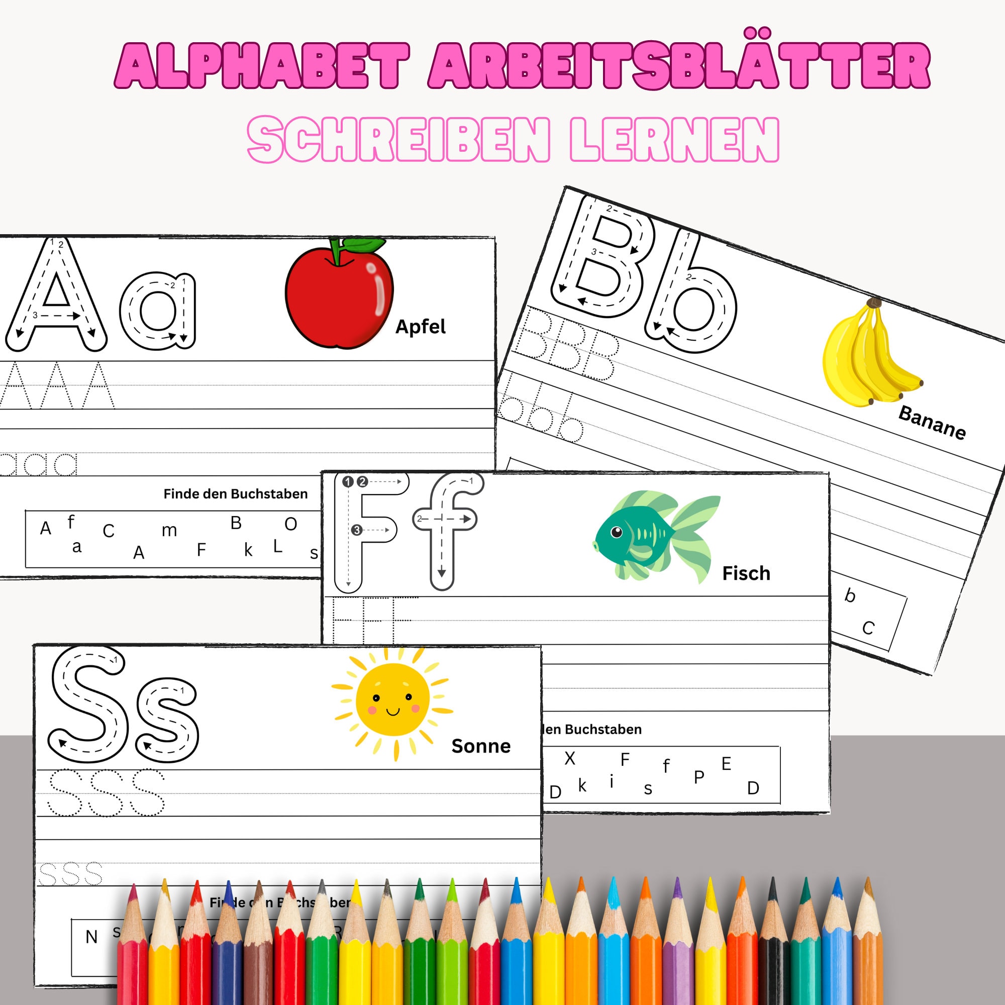  Alphabet Arbeitsblätter, Buchstaben schreiben lernen, Montessori, ABC Illustration 