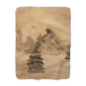Winter Scene Sherpa Fleece Blanket, Custom Artwork, Seasonal Decor, Cozy, Winter, Holidays, Trees, Snow, Christmas, Warm, Throw 50x60 60x80