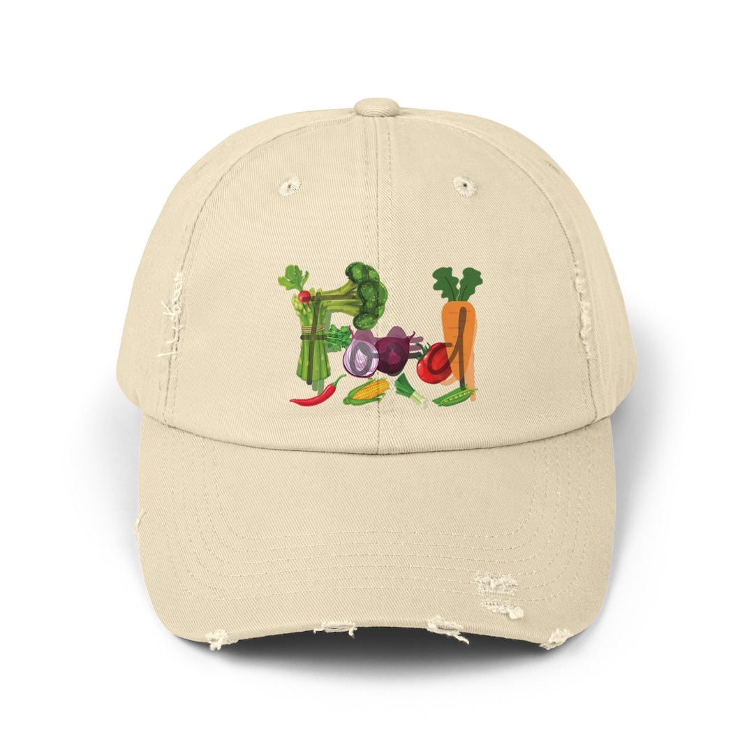 Vegetable Print Distressed Cap, Foodie Gift, Cotton Twill Hat